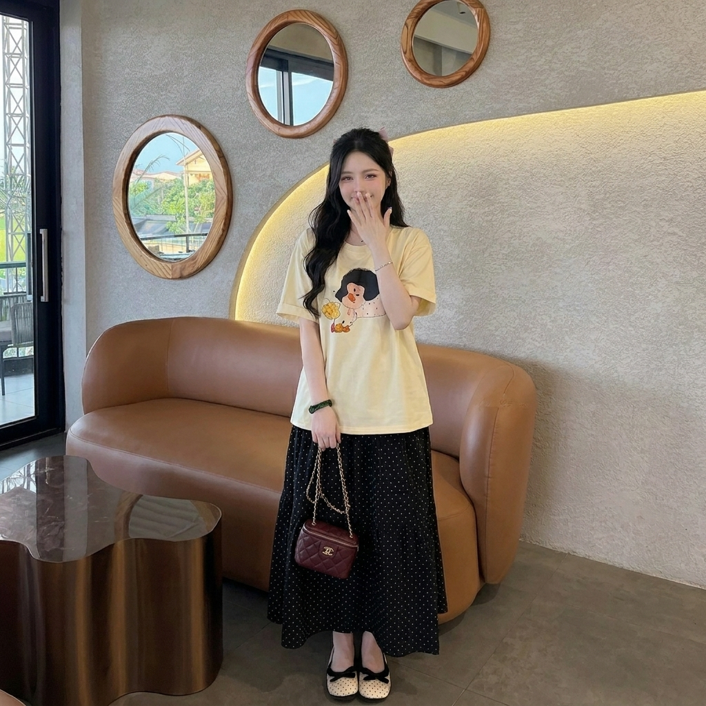 Set bộ nữ áo thun form rộng in hình dễ thương phối chân váy dài chấm bi dáng xòe chữ A năng động HCOM27293