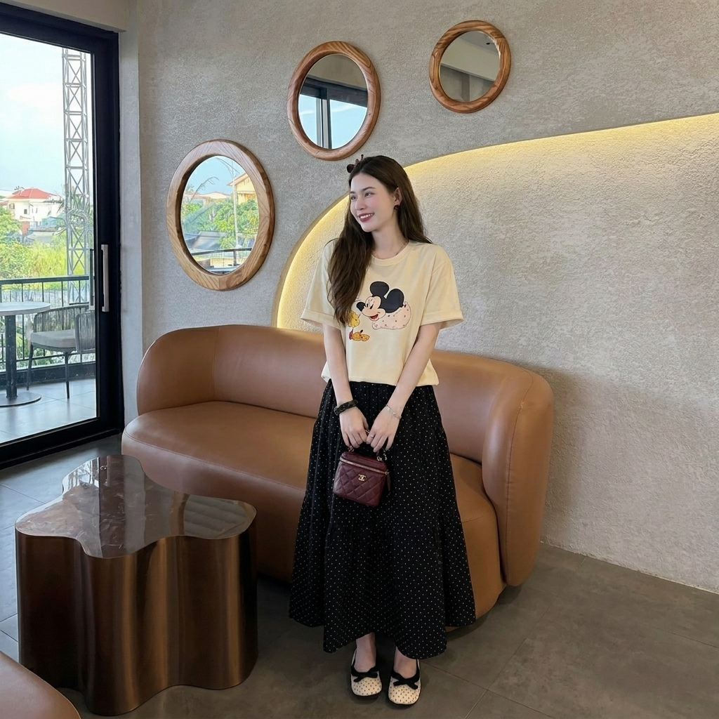 Set bộ nữ áo thun form rộng in hình dễ thương phối chân váy dài chấm bi dáng xòe chữ A năng động HCOM27293