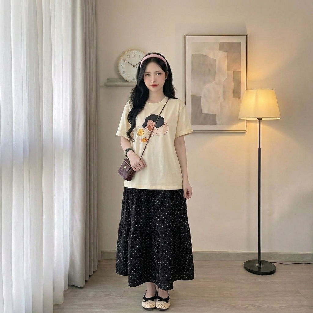Set bộ nữ áo thun form rộng in hình dễ thương phối chân váy dài chấm bi dáng xòe chữ A năng động HCOM27293