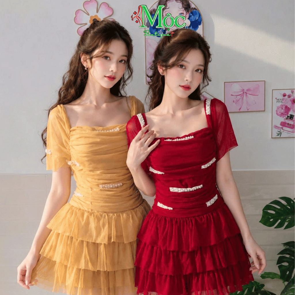 Đầm váy ngắn, đầm cúp ngực croset lưới đính đá, bèo tầng mút ngực + quần bảo hộ đi tiệc xinh (AXT)