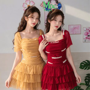 Đầm váy ngắn, đầm cúp ngực croset lưới đính đá, bèo tầng mút ngực + quần bảo hộ đi tiệc xinh (AXT)