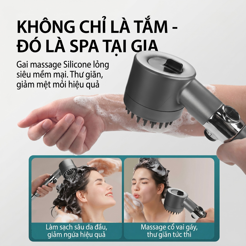 Vòi Sen Tăng Áp có đầu cọ silicon massage 3 chế độ phun nước mạnh mẽ tay sen tắm nhựa ABS