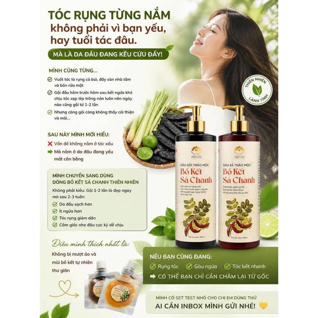 Combo Gội Xả Bồ Kết Sả Chanh Thảo Mộc – Giảm Rụng Tóc, Sạch Gàu – Thiên Y Linh