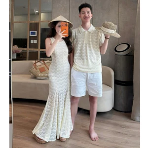Set đôi đi biển nam nữ cao cấp, Set Váy maxi đuôi cá ôm body tôn dáng mix áo polo nam hoạ tiết lượn sóng sang chảnh