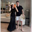 Set đôi đi biển nam nữ cao cấp, Set Váy maxi đuôi cá ôm body tôn dáng mix áo polo nam hoạ tiết lượn sóng sang chảnh
