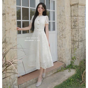 Váy nữ , Đầm dự tiệc ren hoa dáng A tay ngắn đính đai nơ sang chảnh ,Váy thiết kế dáng dài cao cấp mặc đi làm đi chơi