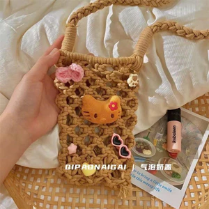 Túi Đeo Chéo Dệt Thủ Công Hình Mèo Đen Dễ Thương , đựng điện thoại độc đáo và hoạ tiết đan lưới