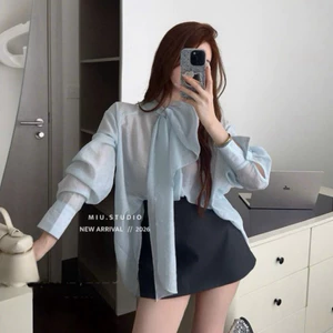 Set 2 món: Áo sơmi tơ óng tay bồng thắt nơ cách điệu kèm chân váy chữ A tiểu thư sang chảnh ,Đồ bộ nữ công sở thanh lịch