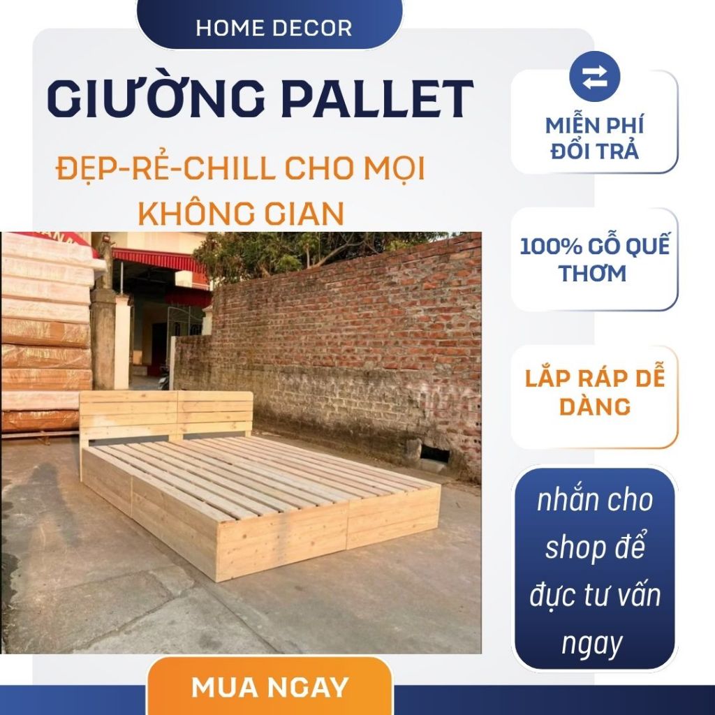 Giường Gỗ Pallet Kín Chân Tự Nhiên Cao 20cm Giường Pallet Tiện Lợi Có Đầu Giường HomeDecor