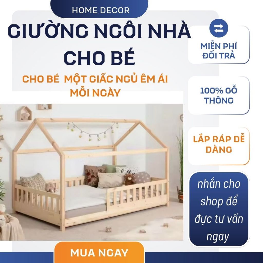Giường Ngủ Gỗ Cho Bé, Giường Montessori Cho Bé có mái hình ngôi nhà – Thiết Kế An Toàn, Dễ Dàng Lắp Ráp - HOMDECOR