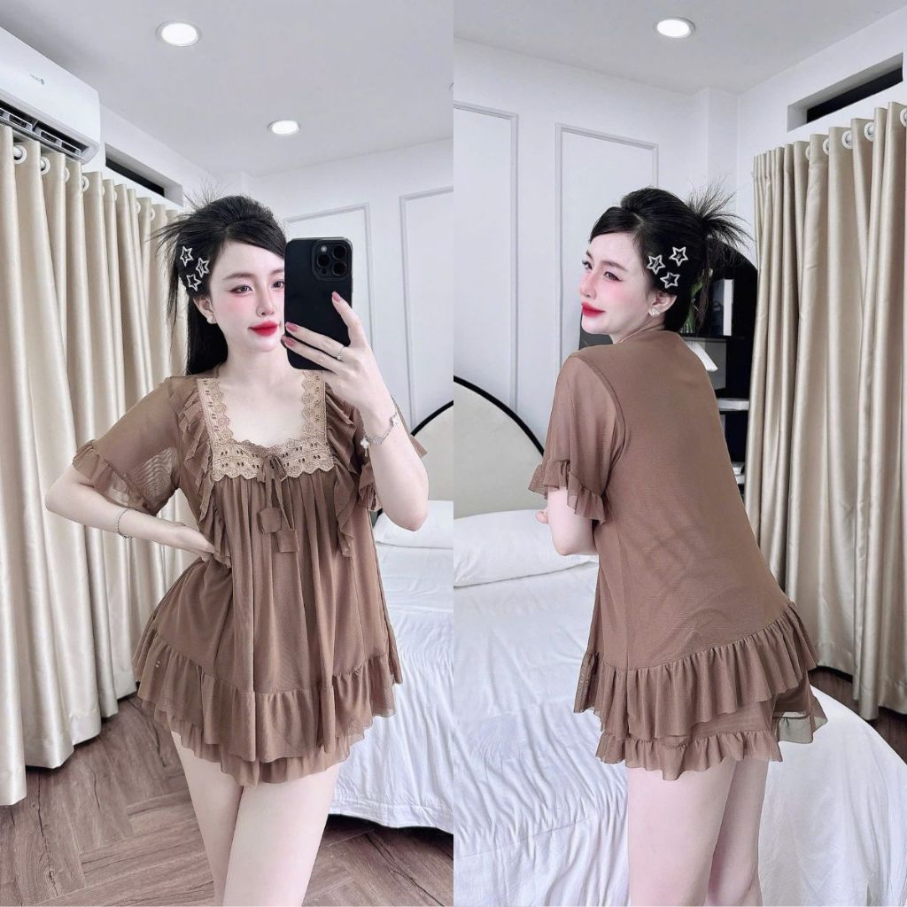 Đồ ngủ Đồ Ngủ Nữ Tiểu Thư Bigsize, Đồ Ngủ Sexy Bigsize Lưới Thun Cổ U Mềm