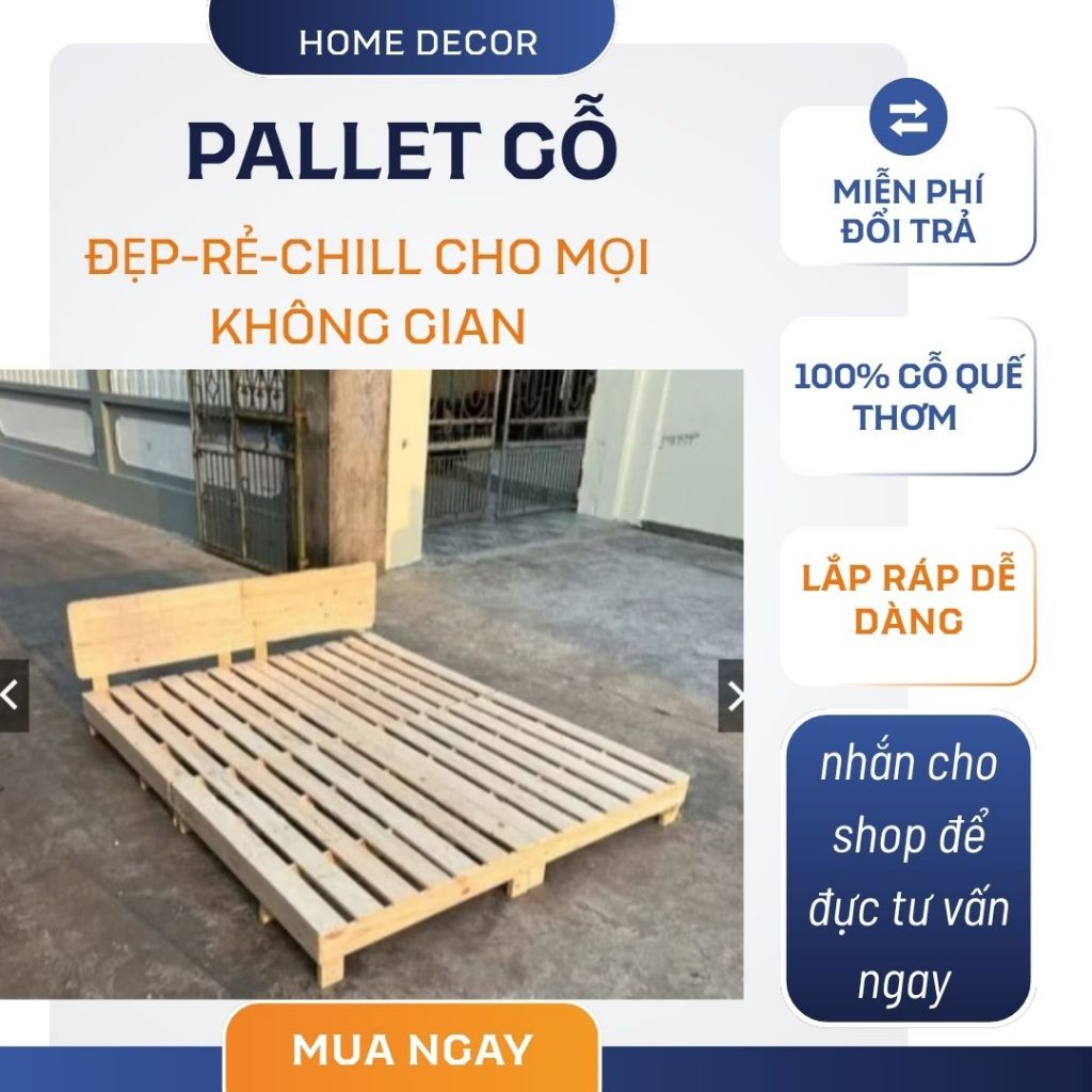 Giường Pallet gỗ thông, giường ngủ gỗ tự nhiên có chân giường cao 20, 30cm kt 1m2-1m8x2m HOMDECOR