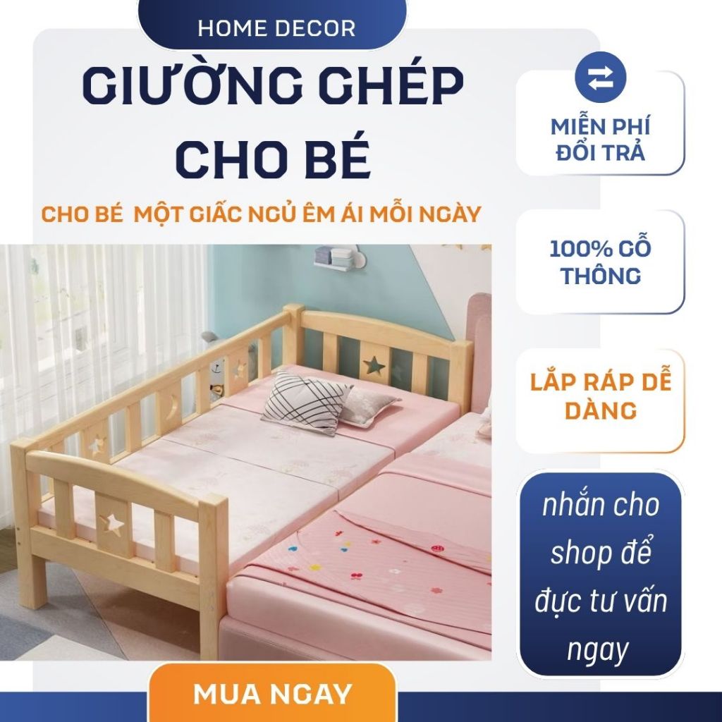 Giường Ghép Cho Bé Với Giường Bố Mẹ, Giường Ngủ Trẻ Em Gỗ Thông Nan Vuông Nhập Khẩu - HOMDECOR