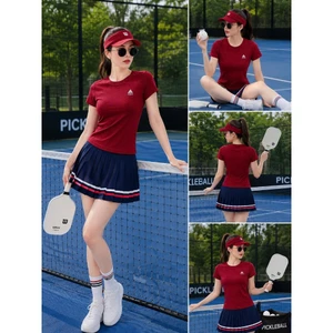 Bộ thể thao nữ, Áo thun tăm sát mix chân váy xếp li cạp dệt tập pickleball, tennis, cầu lông , golf
