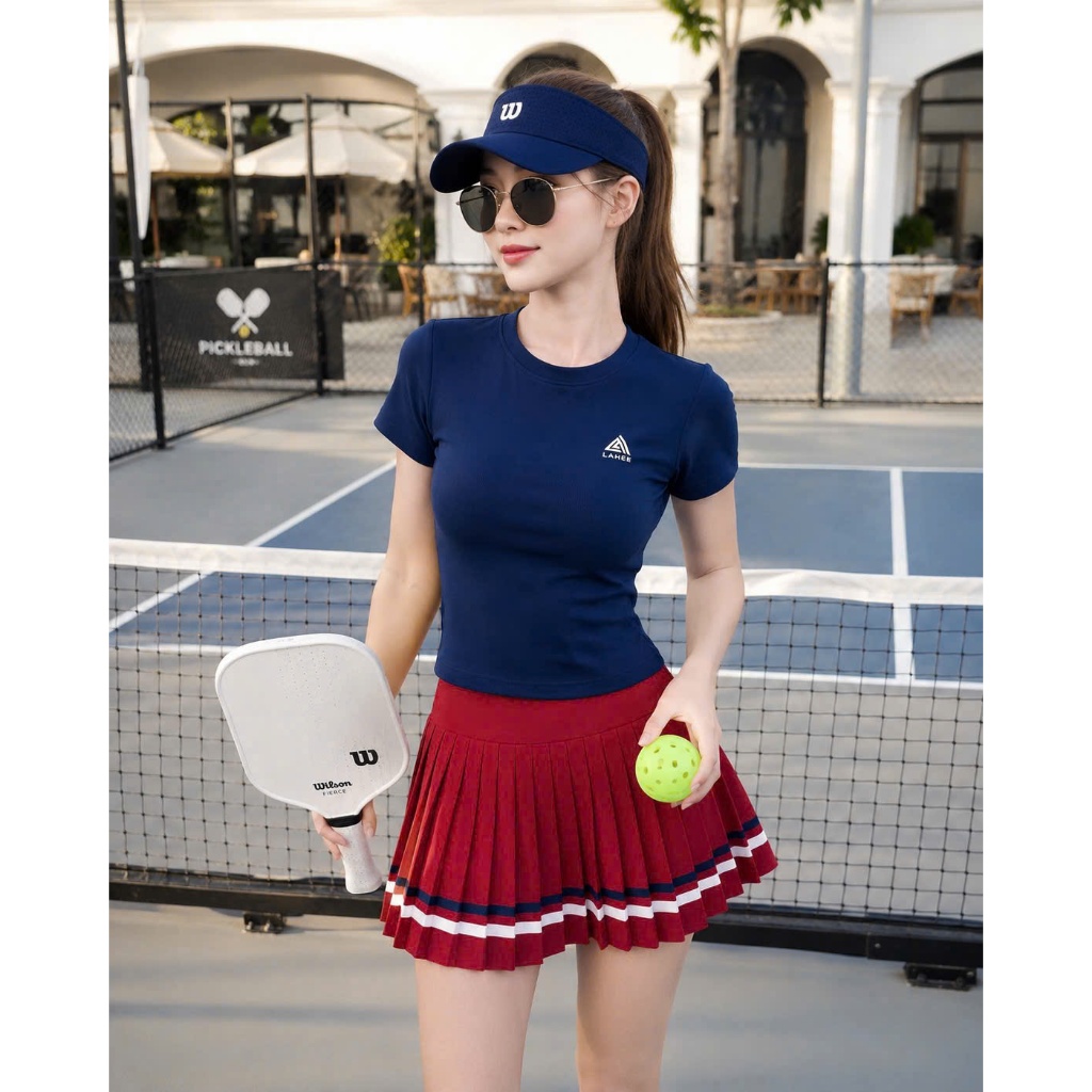 [Pickleball NEW]Bộ thể thao nữ, Áo thun tăm sát mix chân váy xếp li cạp dệt tập pickleball, tennis, cầu lông , golf