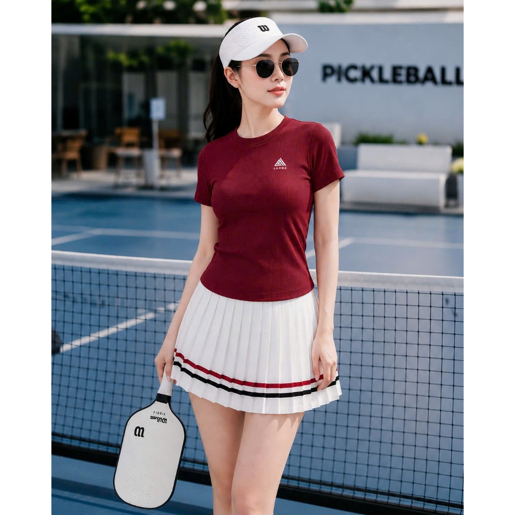 [Pickleball NEW]Bộ thể thao nữ, Áo thun tăm sát mix chân váy xếp li cạp dệt tập pickleball, tennis, cầu lông , golf