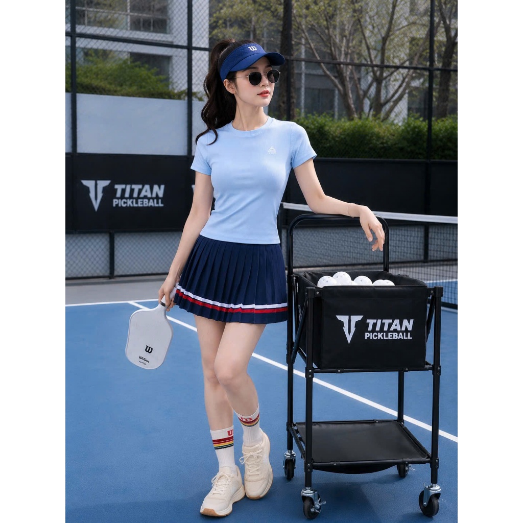 [Pickleball NEW]Bộ thể thao nữ, Áo thun tăm sát mix chân váy xếp li cạp dệt tập pickleball, tennis, cầu lông , golf