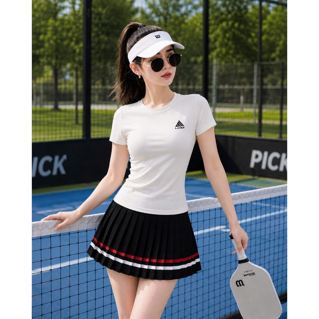 [Pickleball NEW]Bộ thể thao nữ, Áo thun tăm sát mix chân váy xếp li cạp dệt tập pickleball, tennis, cầu lông , golf