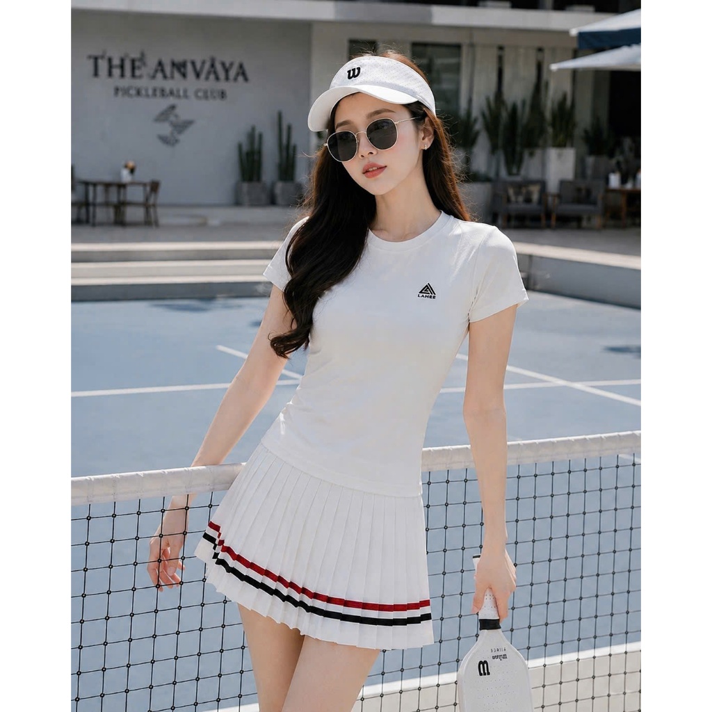 [Pickleball NEW]Bộ thể thao nữ, Áo thun tăm sát mix chân váy xếp li cạp dệt tập pickleball, tennis, cầu lông , golf