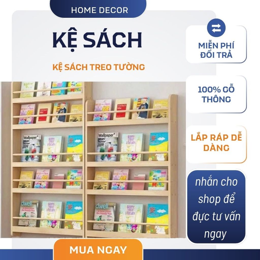 Kệ Sách Gỗ Treo Tường Cho Bé Không Cần Khoan - Giá Sách Montessori Sách, Đồ Chơi - Tiện Dụng, An Toàn, Gỗ Thông Tự Nhiên