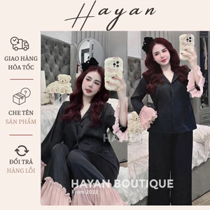 HT796 Bộ đồ ngủ lụa phối ren bèo sang chảnh,Pijama dài tay tiểu thư hithot HT796