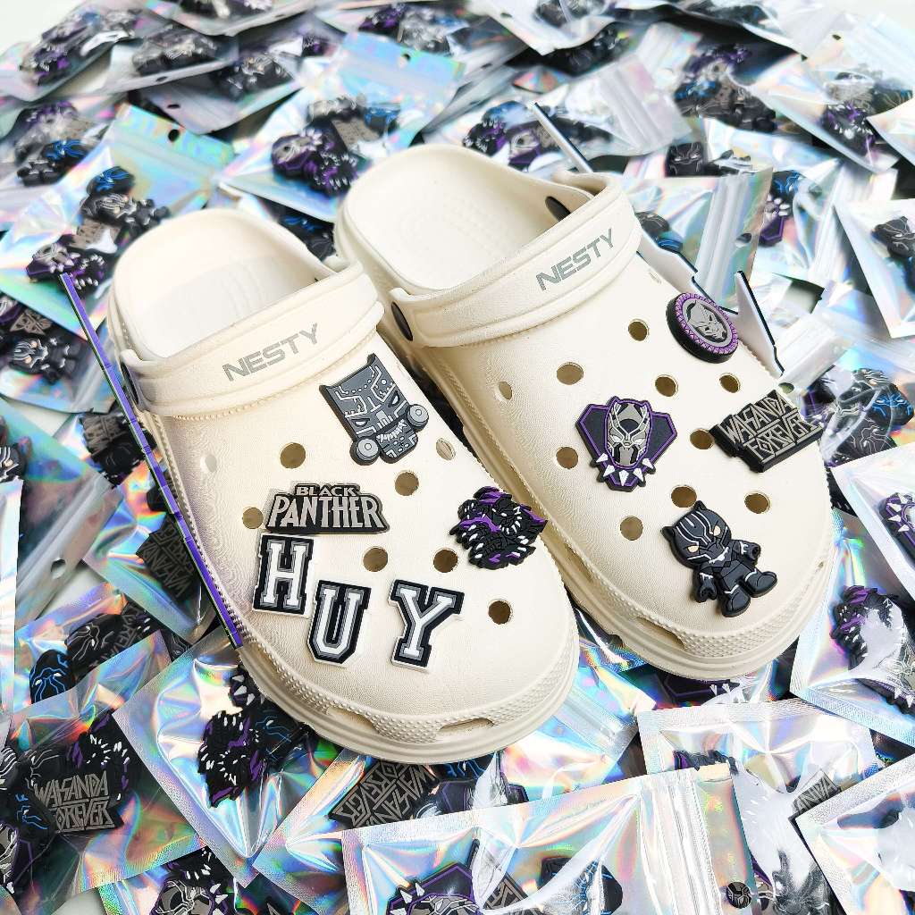 Set charm gắn dép cross BÁO ĐEN, Nút gắn sticker marvel dép cross trang trí hoạt hình CROSS TREND