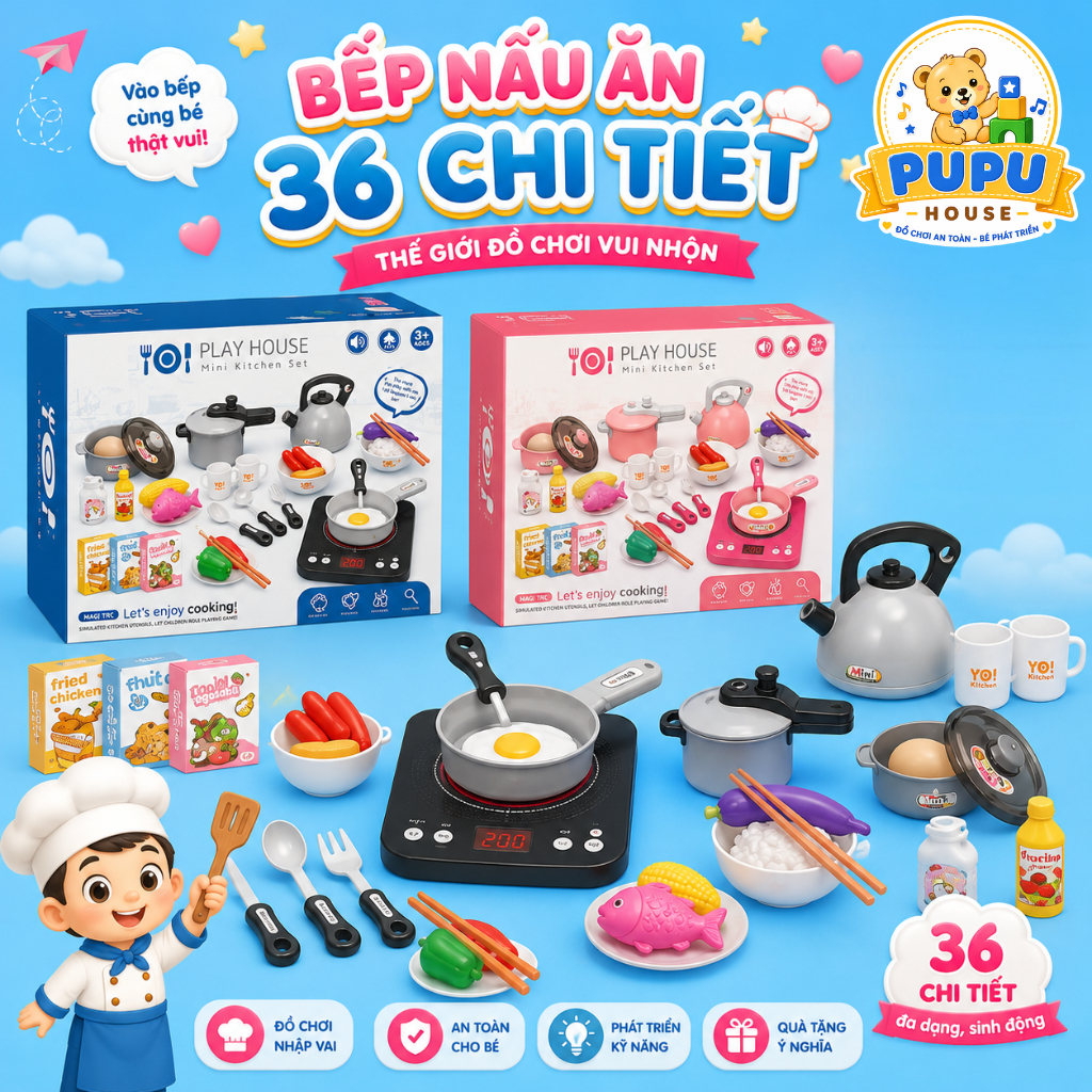 Bộ Đồ Chơi Nấu Ăn Nhà Bếp 36 Chi Tiết Mô Phỏng Thực Tế Đồ Chơi Nhà Bếp House Nhập Vai Bé Gái- Đồ Chơi PUPU HOUSE