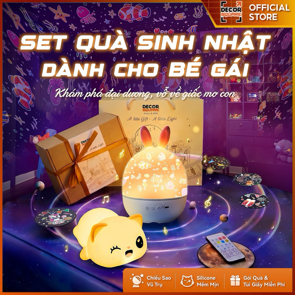 Set Quà Tặng Bé Gái Decor Square: Đèn Thỏ Chiếu Sao & Đèn Ngủ Silicone Mèo ( Gói Quà + Túi Giấy )