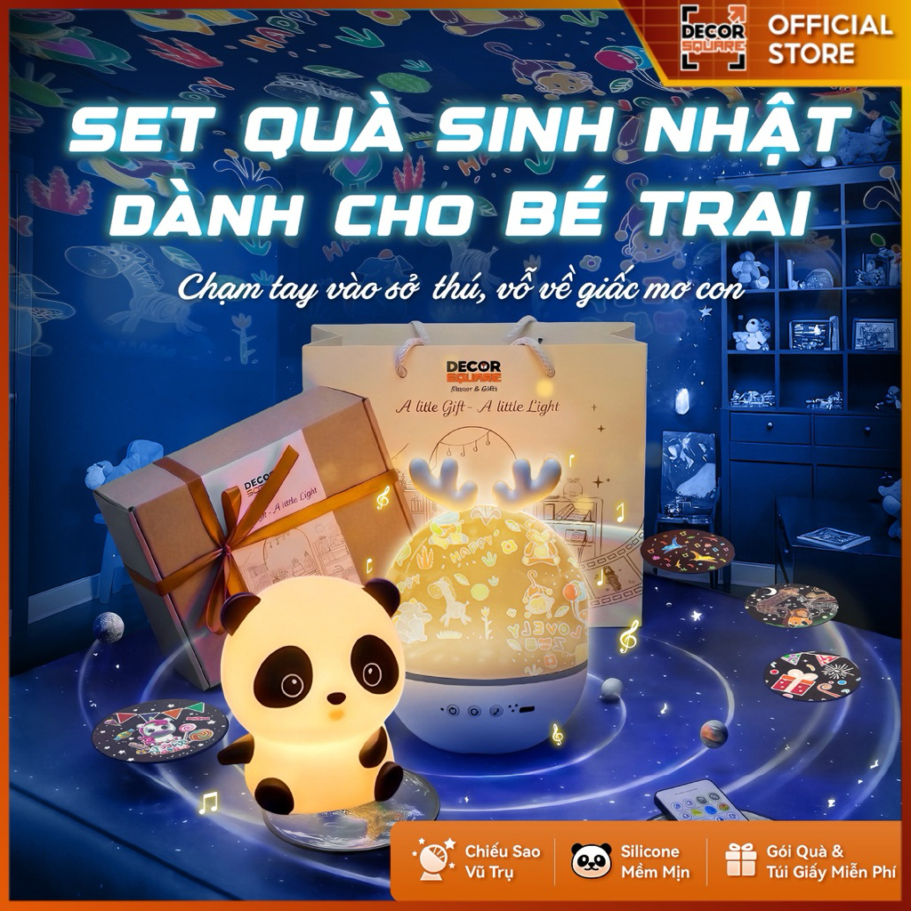 Set Quà Tặng Bé Trai Decor Square: Đèn Chiếu Sao Vũ Trụ & Đèn Ngủ Gấu Trúc  (Gói Quà + Túi Giấy)