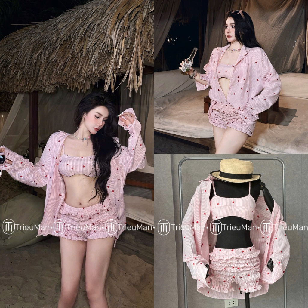 Khởi động mùa hè con set bkn kèm sơmi thêu tim 3 màu bùng cháy mùa hè khách ơi.Đi chơi,đi bỉn đều okila nha😋