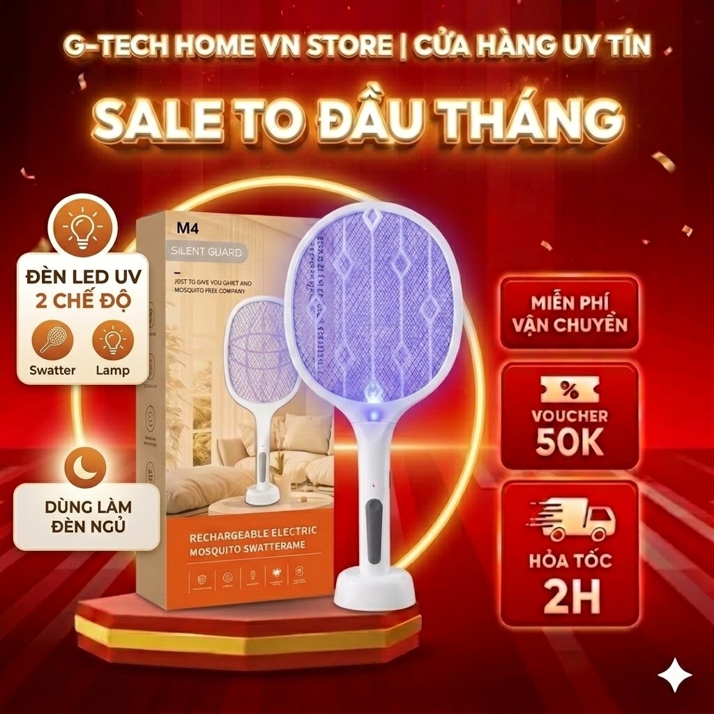 Vợt muỗi tự động kiêm đèn bắt muỗi 2 in 1 tự động sạc tích điện, vợt bắt muỗi thông minh cao cấp để bàn M3-4