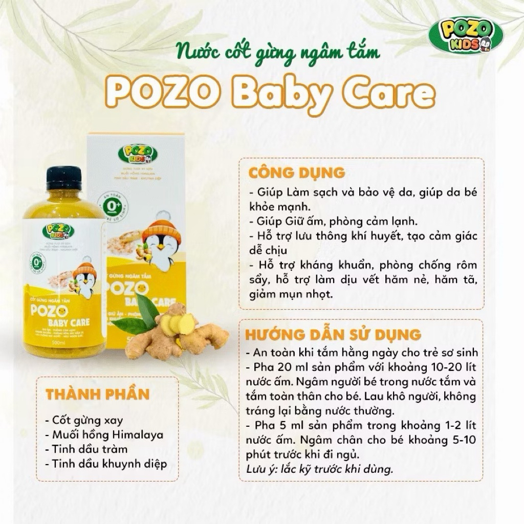 [Combo ]2 Chai Nước Cốt Gừng Ngâm Tắm Pozo Baby Care 500ml - Không Bã, Tiết Kiệm Hơn cho bé yêu