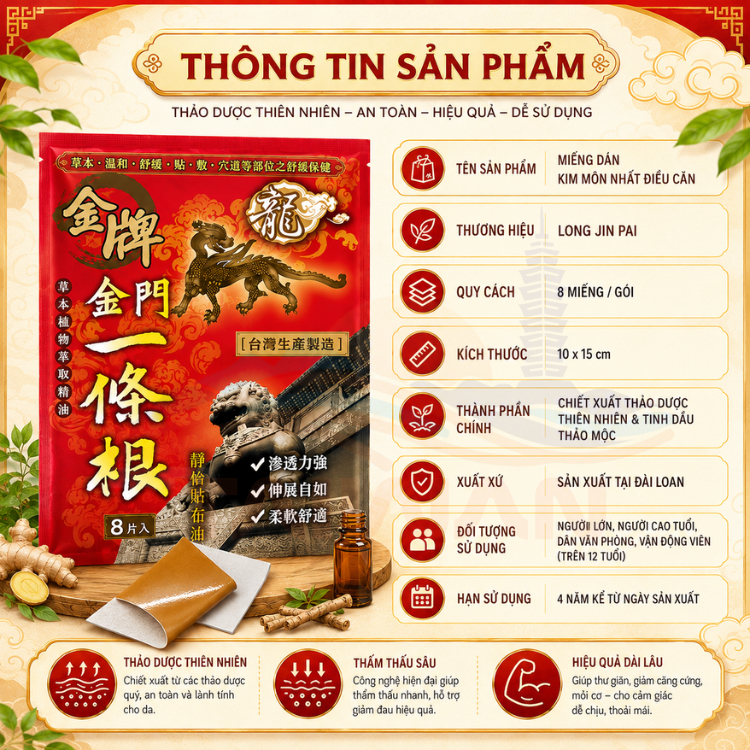 Cao dán Đài Loan giảm nhức mỏi Rễ Nhất Điều Căn Long Jin Pai 8 miếng/ túi