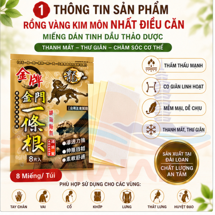 Cao dán Đài Loan giảm nhức mỏi Rễ Nhất Điều Căn Long Jin Pai 8 miếng/ túi
