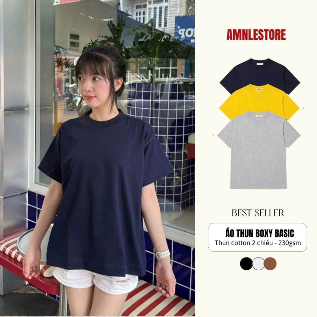 Áo Thun BOXY Cổ Tròn Unisex - AmnleStore - Chất thun Cotton Định Lượng 230Gsm Co Giãn 2 Chiều BX013