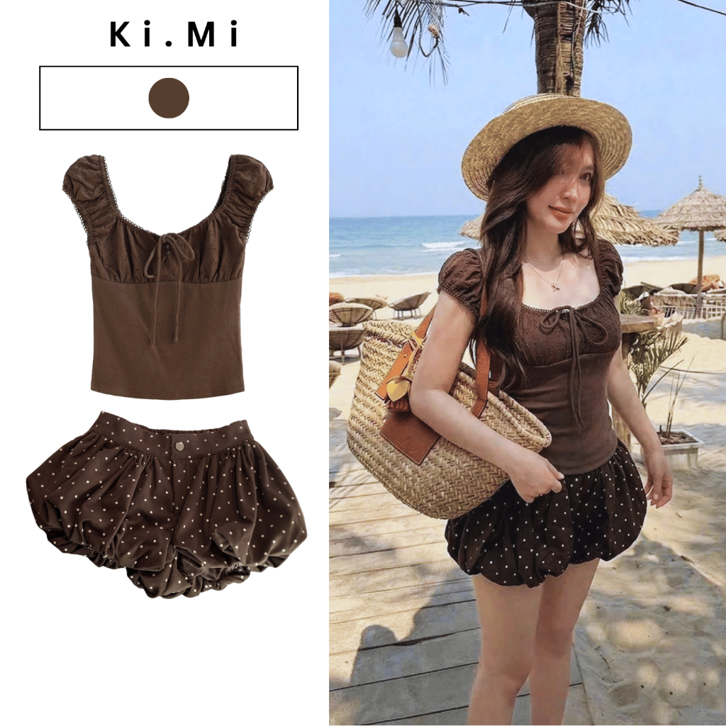 [MỞ BÁN] Set Bộ Nữ Áo Màu Nâu Phối Cổ Vai Tay Thô Ren Dây Nơ Mix Quần Bí Chấm Bi