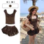 Set Bộ Nữ Áo Màu Nâu Phối Cổ Vai Tay Thô Ren Dây Nơ Mix Quần Bí Chấm Bi