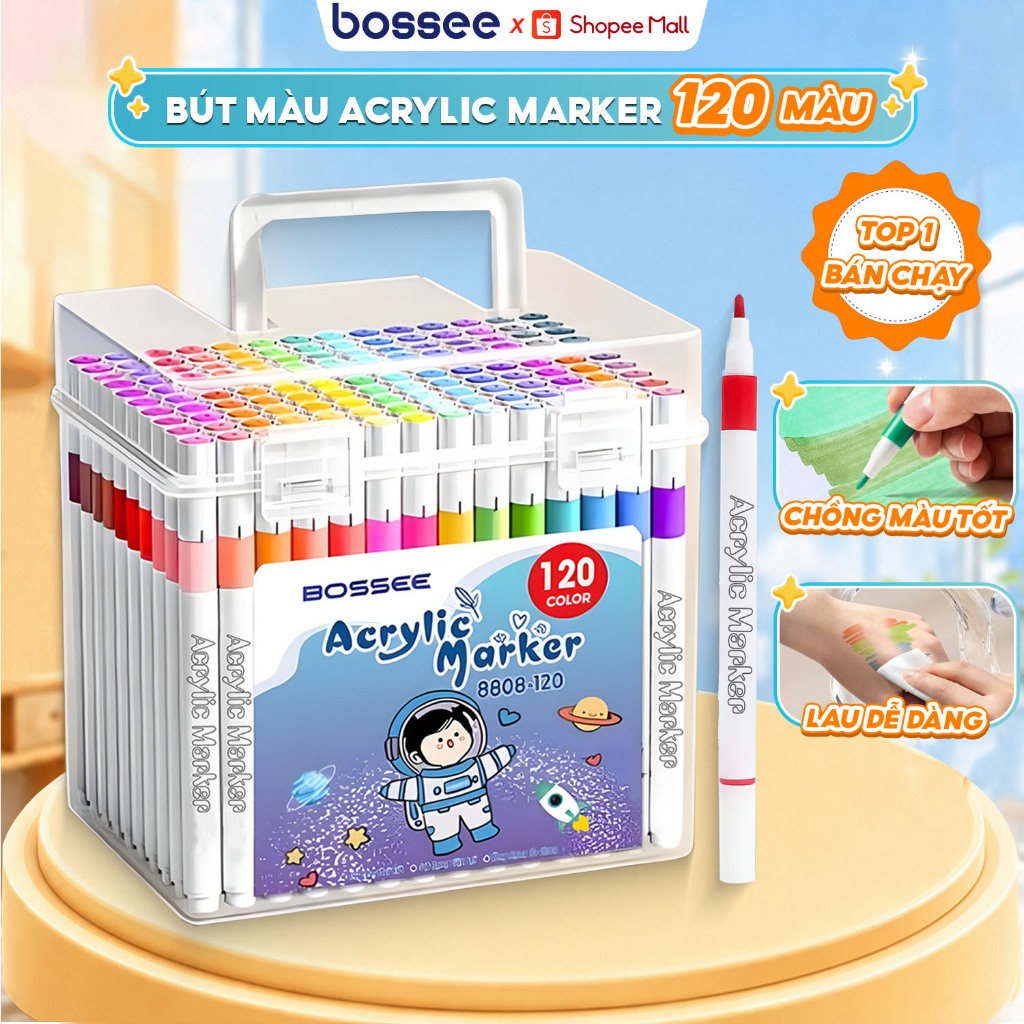 Hộp 120 Bút Màu Bossee Acrylic Marker, Màu Tươi Sáng, Bền Màu, Có Quai Xách DIY Trên Nhiều Chất Liệu