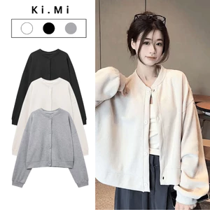 Áo Khoác Nỉ Nữ Cài Cúc Basic Áo Khoác Bomber Nhẹ 4 Mùa, Vải 2 Da Kiểu Dáng Tiểu Thư