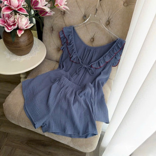 •𝙆𝙞𝙣𝙜𝙨𝙝𝙤𝙥𝙗𝙚𝙖𝙪𝙩𝙮•Set Bộ Ngủ Xanh Viền Đỏ Cute QC