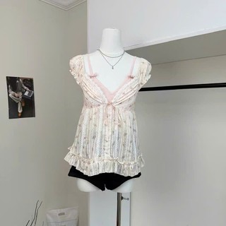 Set Áo Tay Nhí Phối Bra Chấm Bi Dáng Babydoll Thắt Nơ Viền Dập Xoắn Chất Thô Hàng Quảng Châu.