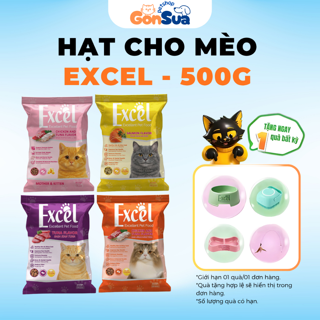 Hạt Cho Mèo Excel 500g Bổ Sung Taurine, Omega 3-6, Dưỡng Lông, Dễ Tiêu Hóa Cho Mèo Lớn