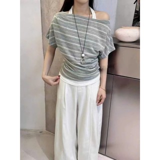 [ HÀNG QC] Set áo thun mỏng cổ dẹt trế vai kẻ sọc phối yếm Layer chiết eo nhẹ tôn dáng.