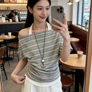 [ HÀNG QC] Set áo thun mỏng cổ dẹt trế vai kẻ sọc phối yếm Layer chiết eo nhẹ tôn dáng.