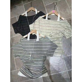 [ HÀNG QC] Set áo thun mỏng cổ dẹt trế vai kẻ sọc phối yếm Layer chiết eo nhẹ tôn dáng.