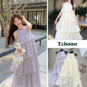 Váy dài cổ yếm xếp bèo tầng, váy maxi xòe 59130 TCHOOSE