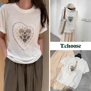Áo thun trắng họa tiết trái tim, áo phông màu be cổ tròn 88822 TCHOOSE