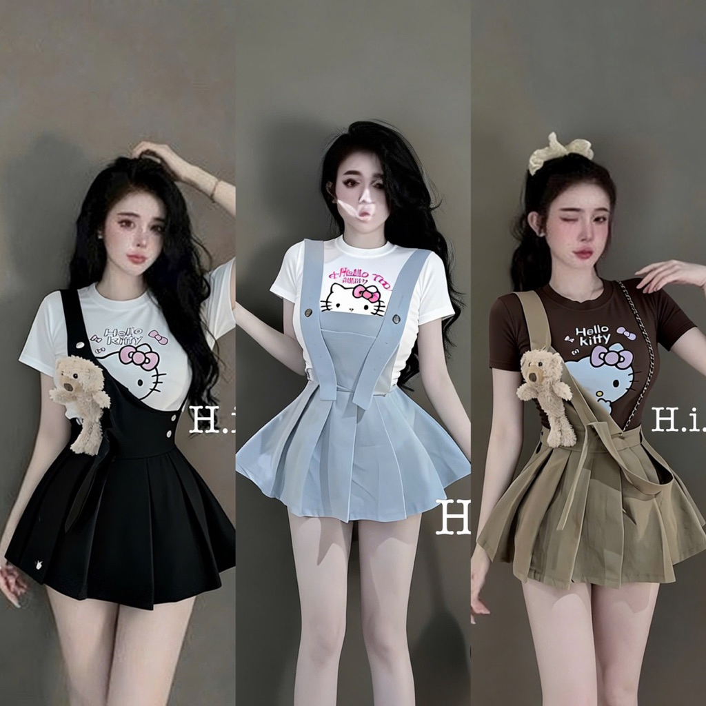 Set yếm kem áo thun kity,sm