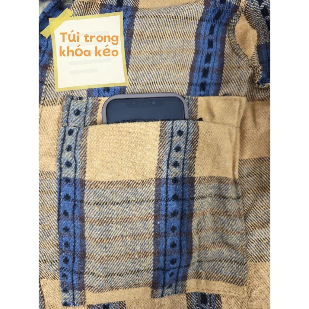 ( túi trong có khóa kéo ) Áo Khoác Sơ Mi Dạ Flannel Kẻ Caro  Nam , Nữ -Có Nón