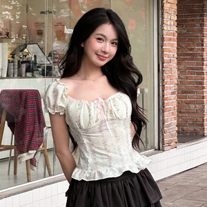 Áo Babydoll Kiểu Nữ Tay Phồng Mặc 2 Kiểu Hoa Nhí Cột Dây Nơ Mùa Hè Kimee - NA616